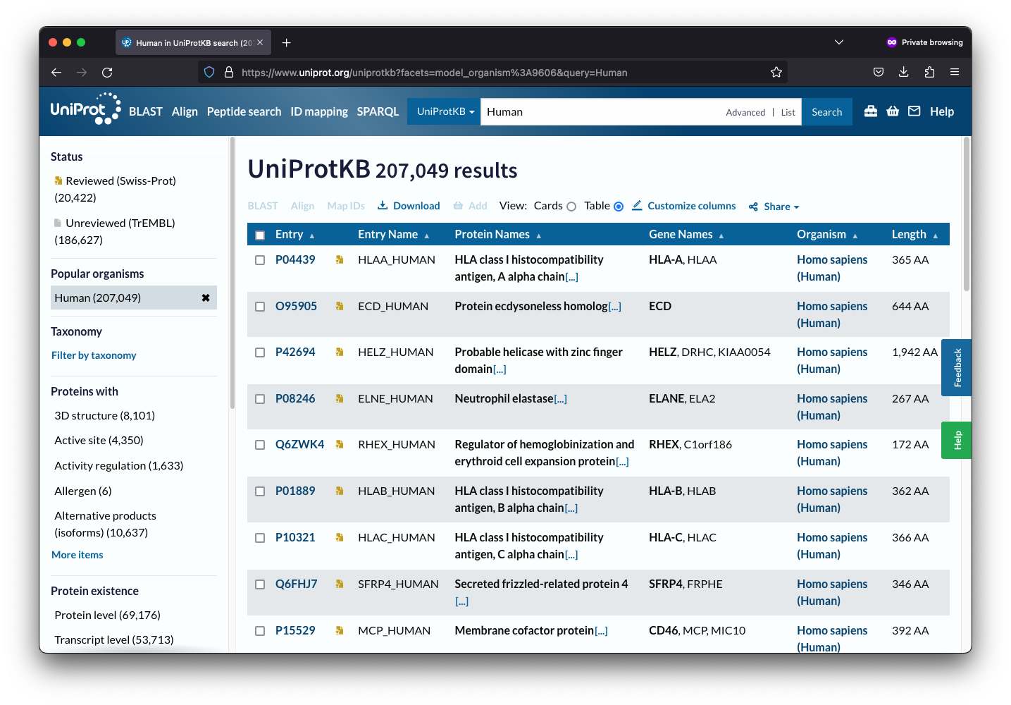 Figure 1 - UniProt web search for human proteins